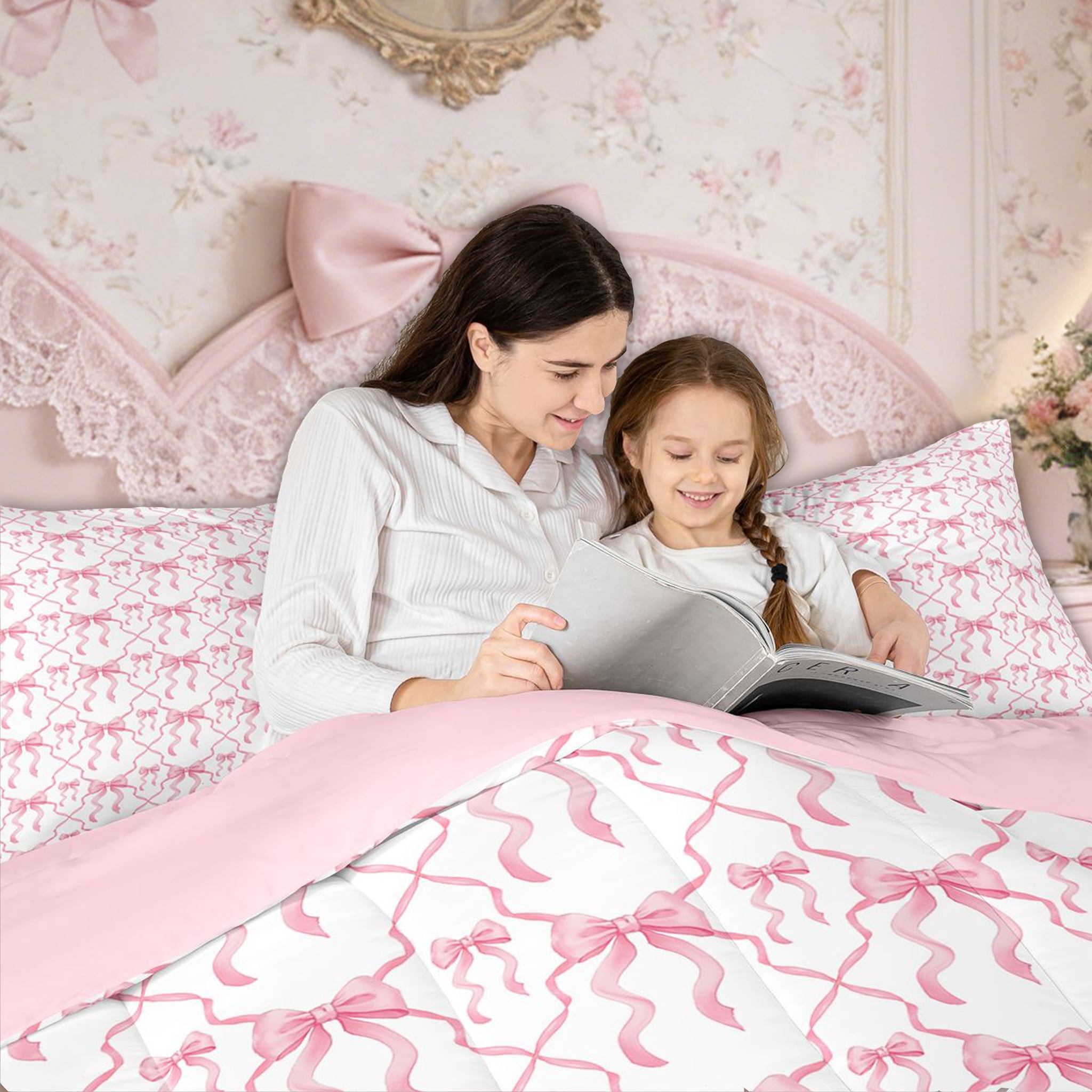 Pink Bow Bedding Set Teen Women,Cute Ribbon Bowknot Full Bed In A Bag 7 Pcs Kawaii Watercolor Bow Tie Comforter Set,Pink White Princess Bow Bed Set