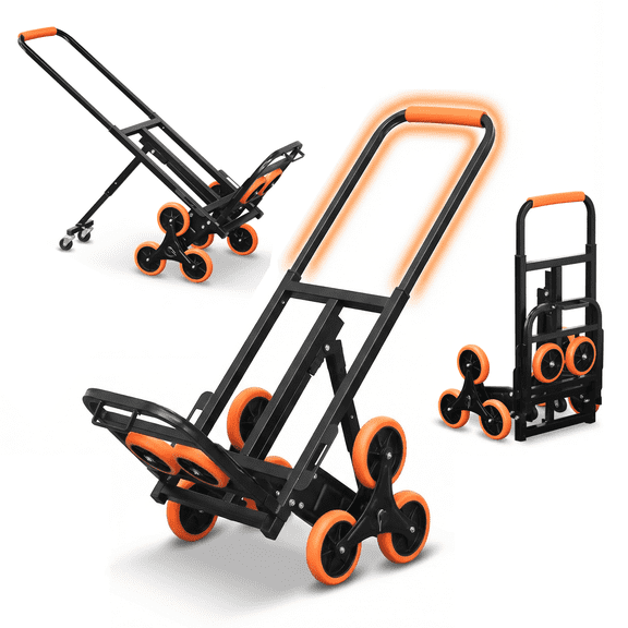SEKAM Stair Climbing Hand Truck, Foldable 10-Wheel Dolly Cart with Adjustable Handle, 680 lb Capacity on Flat Ground, 580 lb Capacity on Stairs, Black/Orange