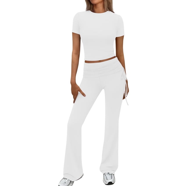 Birdeem Blouses pour Femmes Décontractées Printemps et Été Femmes Unies Manches Courtes Col Rond Blouses Hauts Pantalon Long Ensembles Taille Élastique
