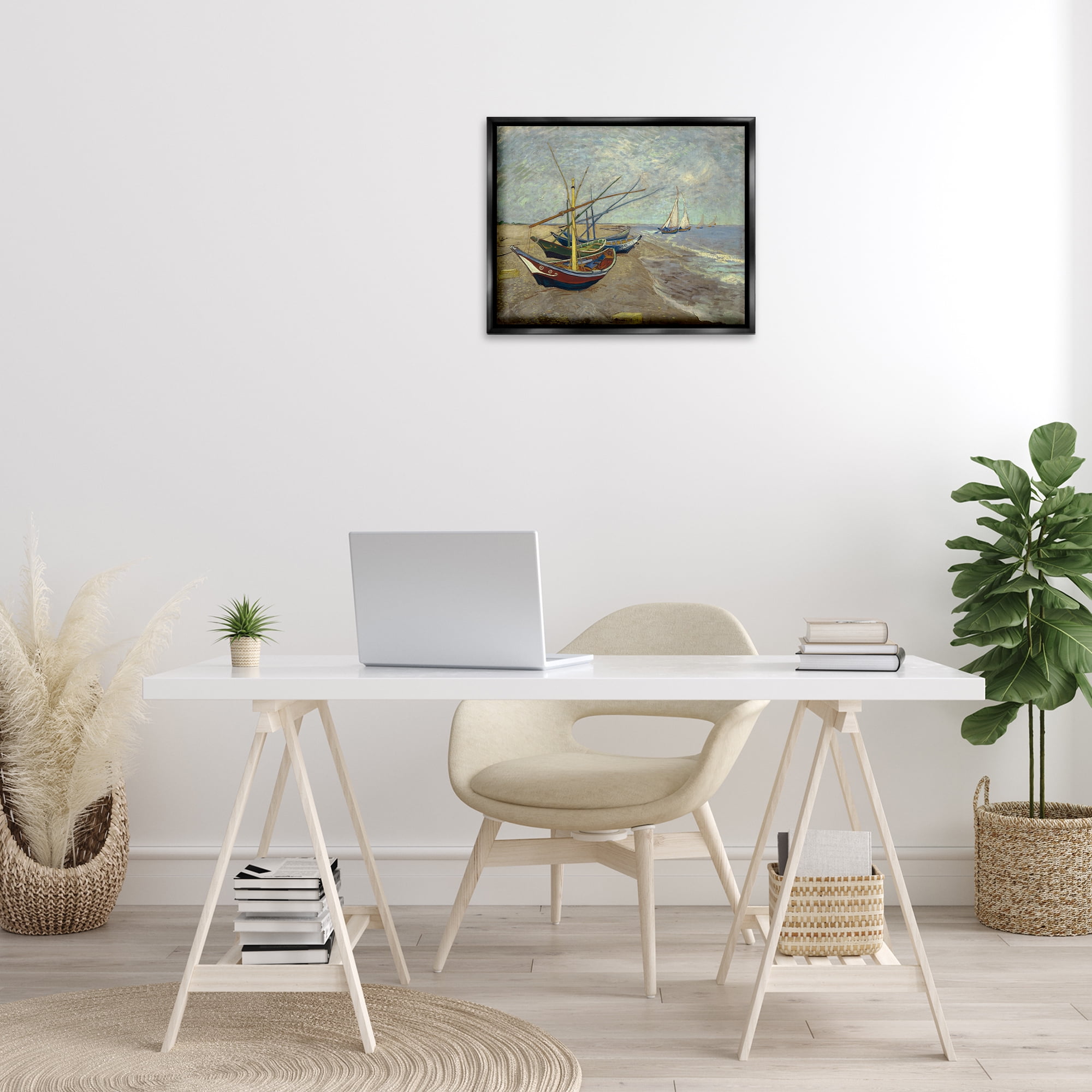 Stupell Industries Classic Fishing Boats on Beach Nautical & Beach Painting Black Floater Framed Canvas Art Print Wall Art, 21 x 17
