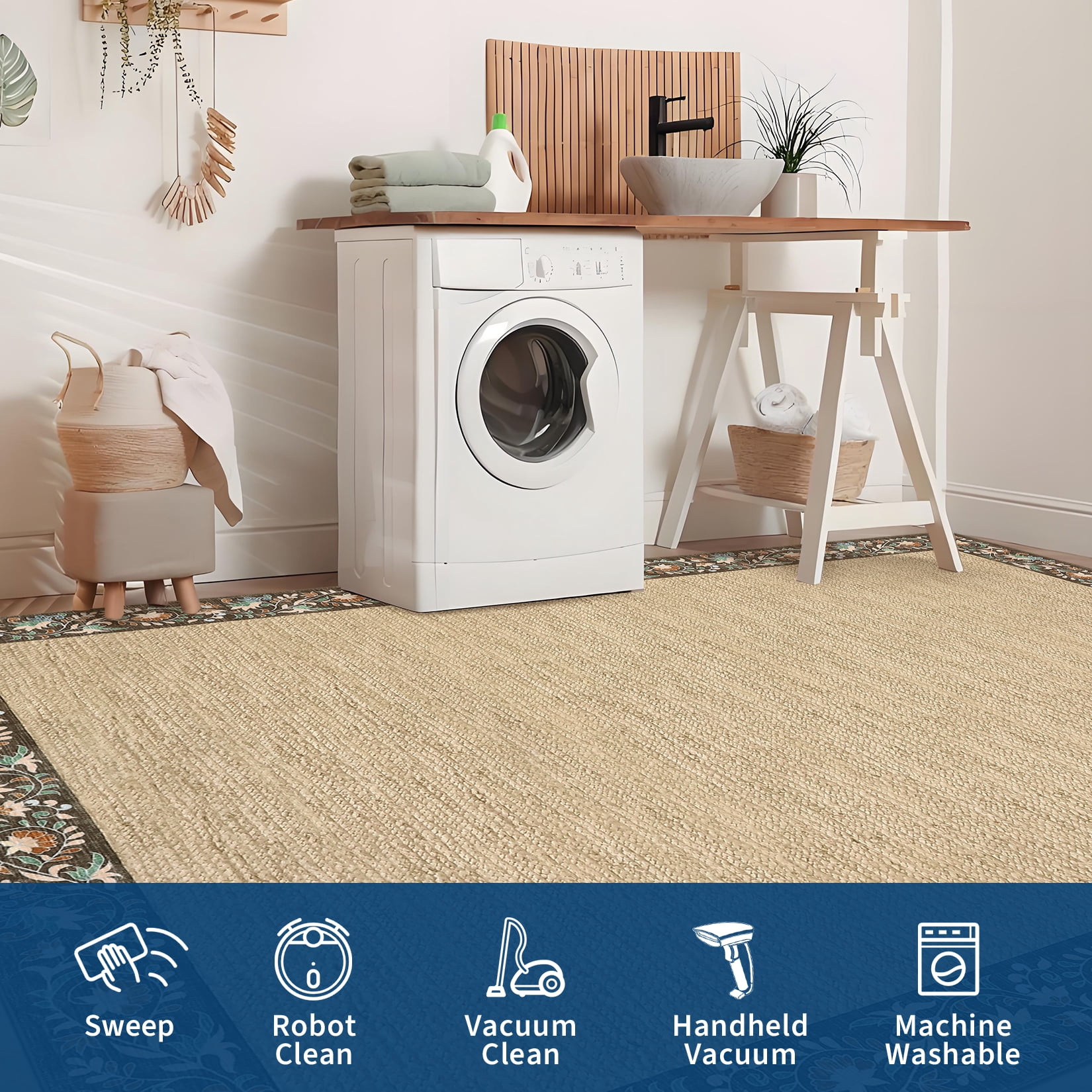 Hasoo 6' x 9' Area Rug for Living Room Washable Modern Simulated Woven Texture Floral Bordered Non Shedding Neutral Indoor Decor Carpet, Brown