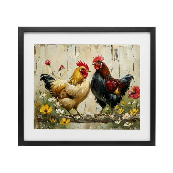Stupell Industries Country Chic Floral Roosters Black Framed Print Under Glass design by LSR Creative Studio, 13 x 16
