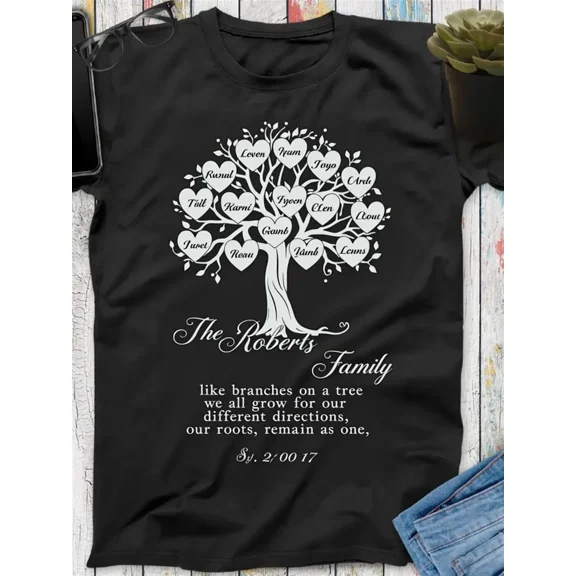 Personalized Family Tree Heart Name Graphic for Men Women Unisex Cotton Short Sleeve T-Shirt