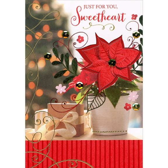 Designer Greetings 3D Poinsettia with Gold Sequin and Red Foil Shadow Hand Decorated Christmas Card for Sweetheart