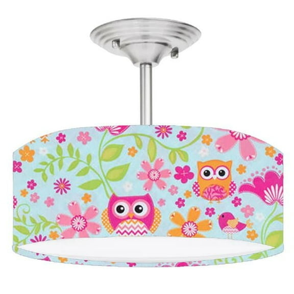 888 Cool Fans DR-0001037 Floral Owls Brushed 2-Light Brushed Nickel Drum Style LED Lamp Fixture