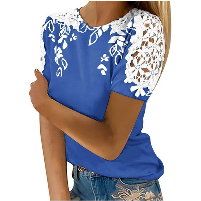 Camisas de Manga Corta para las Mujeres Impresión Cuello Redondo Suéter Encaje Camisa, Blusa de Verano Casual para las Mujeres