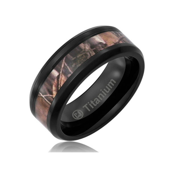 Cavalier Jewelers Mens Wedding Band in Titanium 8MM Camo Ring Black Plated Camouflage Inlay