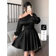 thumbnail image 3 of Black Satin Off-Shoulder Puff Sleeve Ruched Waist A-Line Mini Dress, 3 of 8