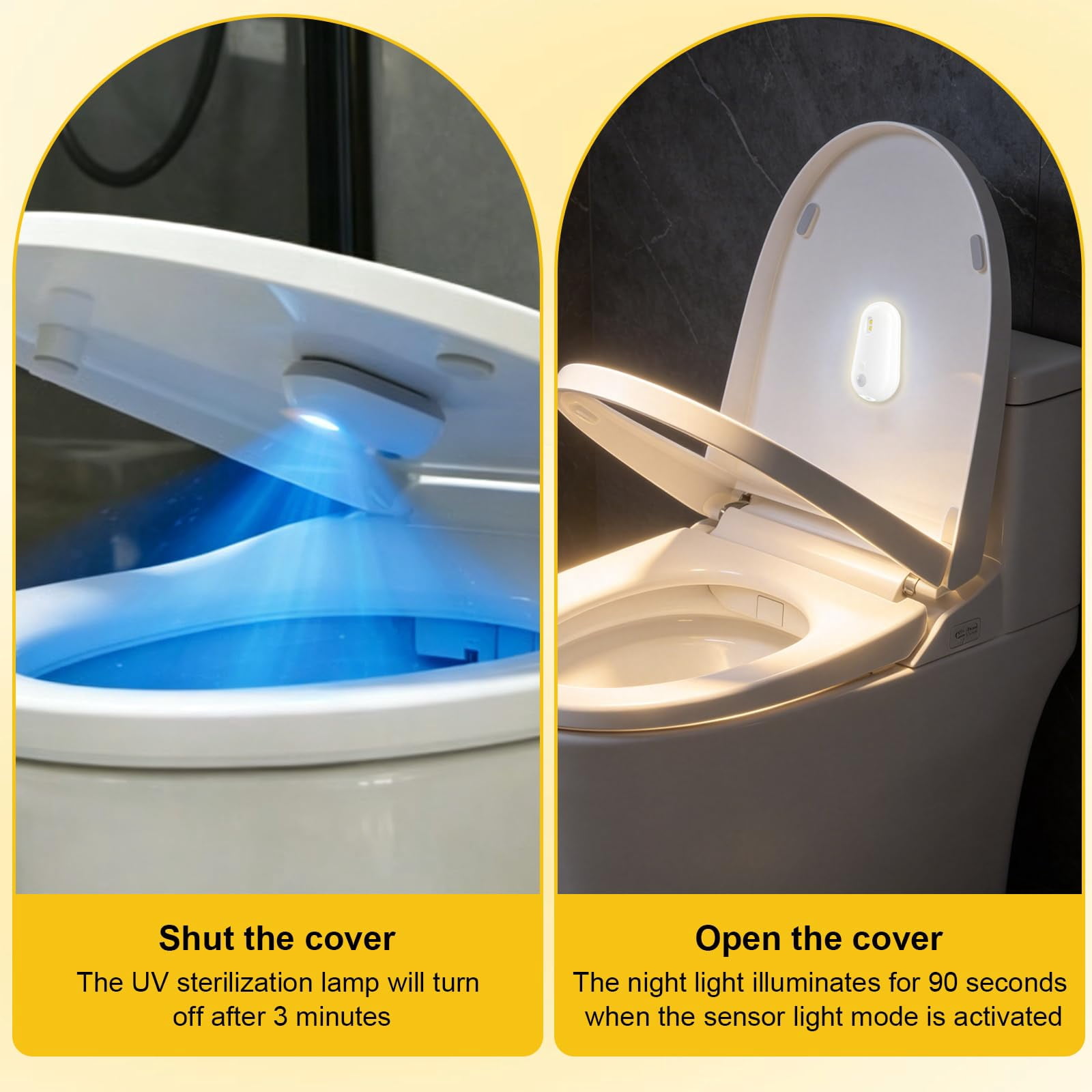 Self Cleaning UV Toilet Light, Motion Activated Rechargeable Toilet Bowl Light with Night Light, Adhesive Mount for Shared Bathrooms Elderly Pet(2PCS)