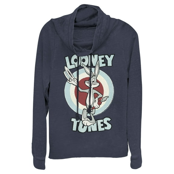 Junior's Looney Tunes Hats Off Bugs Bunny  Cowl Neck Sweatshirt Navy Blue Large
