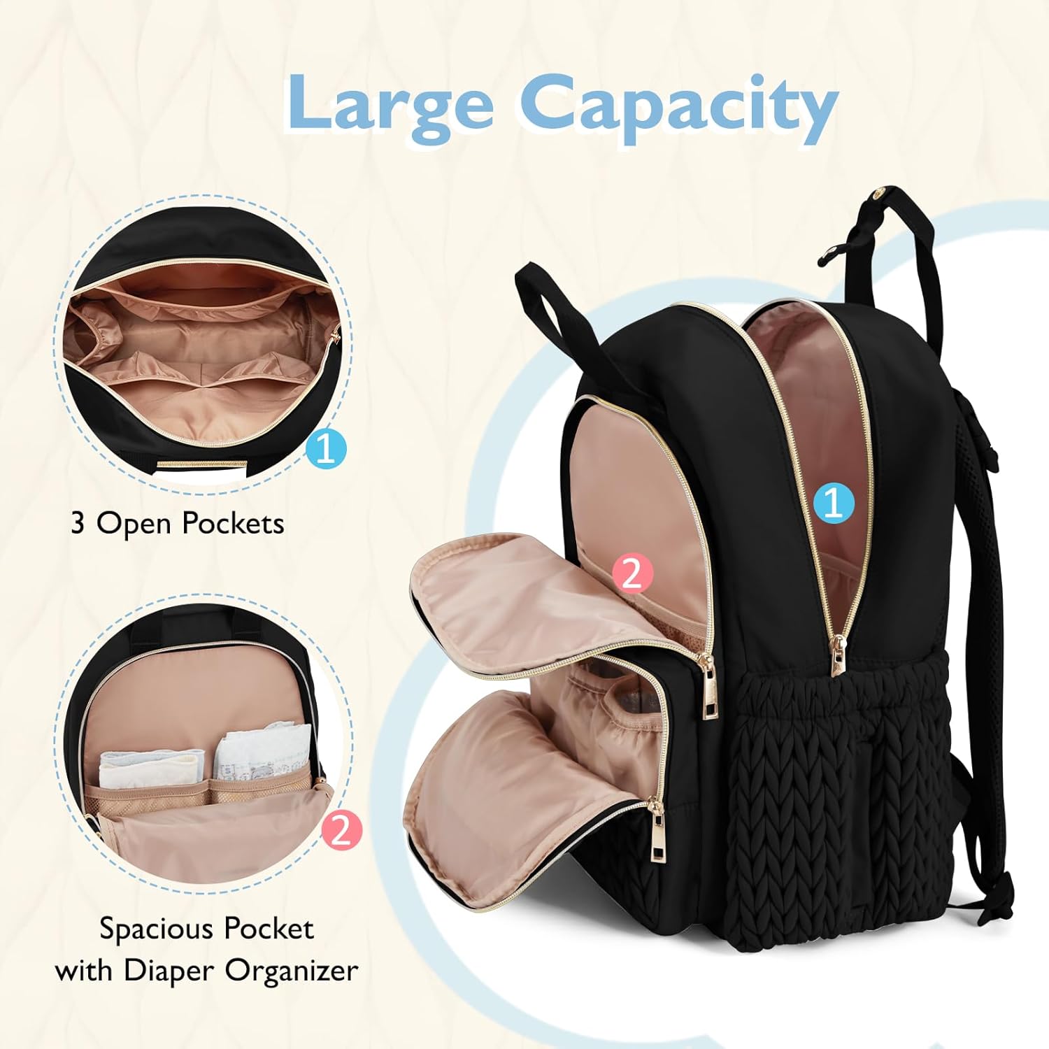 Diaper Bag Backpack Large Baby Bag for Boys Girls Quilted Travel Diaper Backpack with Changing Pad, Stroller Straps