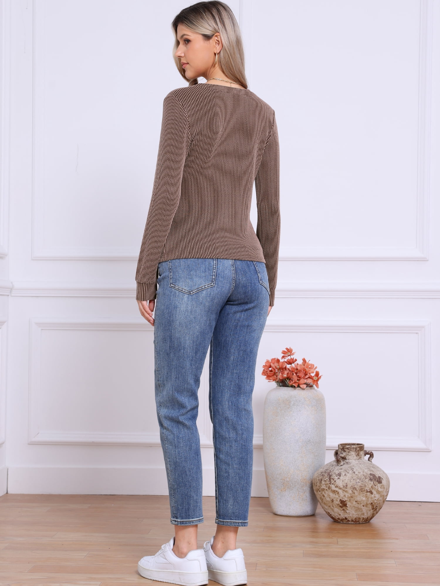 DARING DIVA Women's Knitted Long Sleeves Button Up V Neck Trendy Blouse M Brown