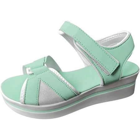 Ladies Fashion Summer Color Blocking Open Toe Hook Loop Thick Wedge Heel Sandals Shoes Women Sandals Leather