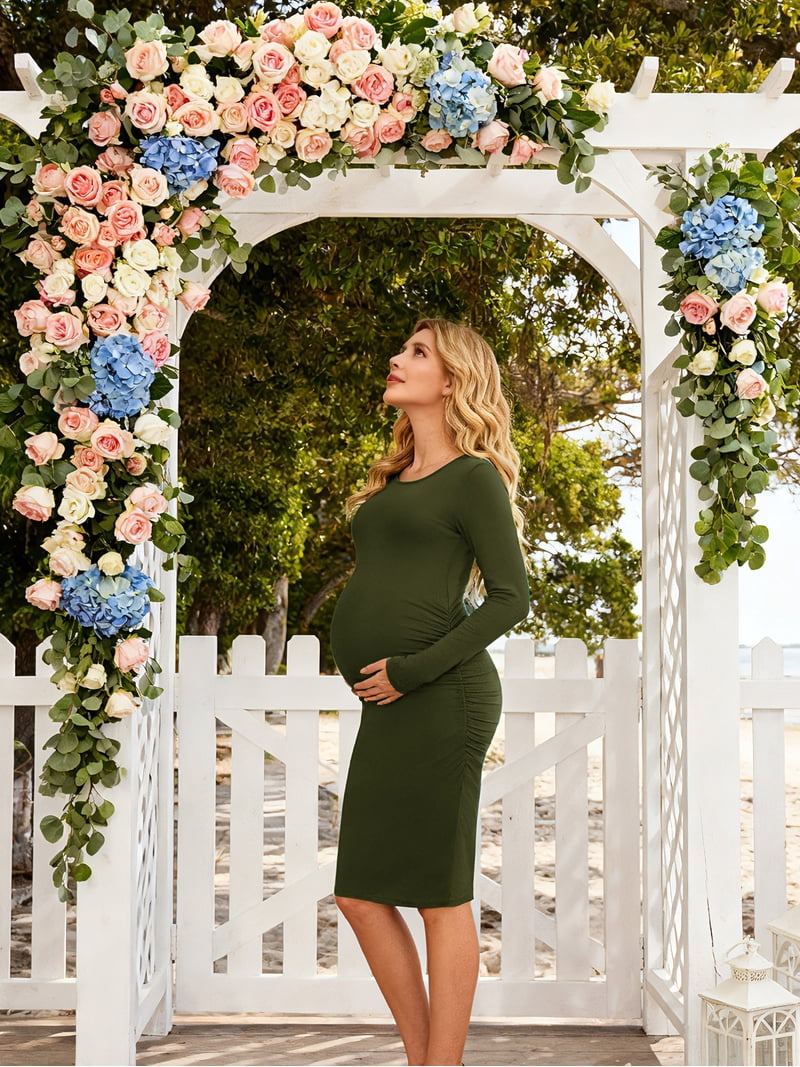 affordable maternity dress Smallshow Dress, Long Sleeve, Side Ruched, Perfect for Baby Shower and Mothers Mermaid Porm Dress especially with a growing Chic Vintage 1940s Bride Select Your Size::S