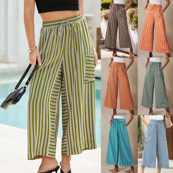 Bixock Women's Wide Leg Pants,Plus Size Loose Pants,Women Striped Print Pocket Wide Leg Soft Stretchable Beach Vacation Daily Wear Pants