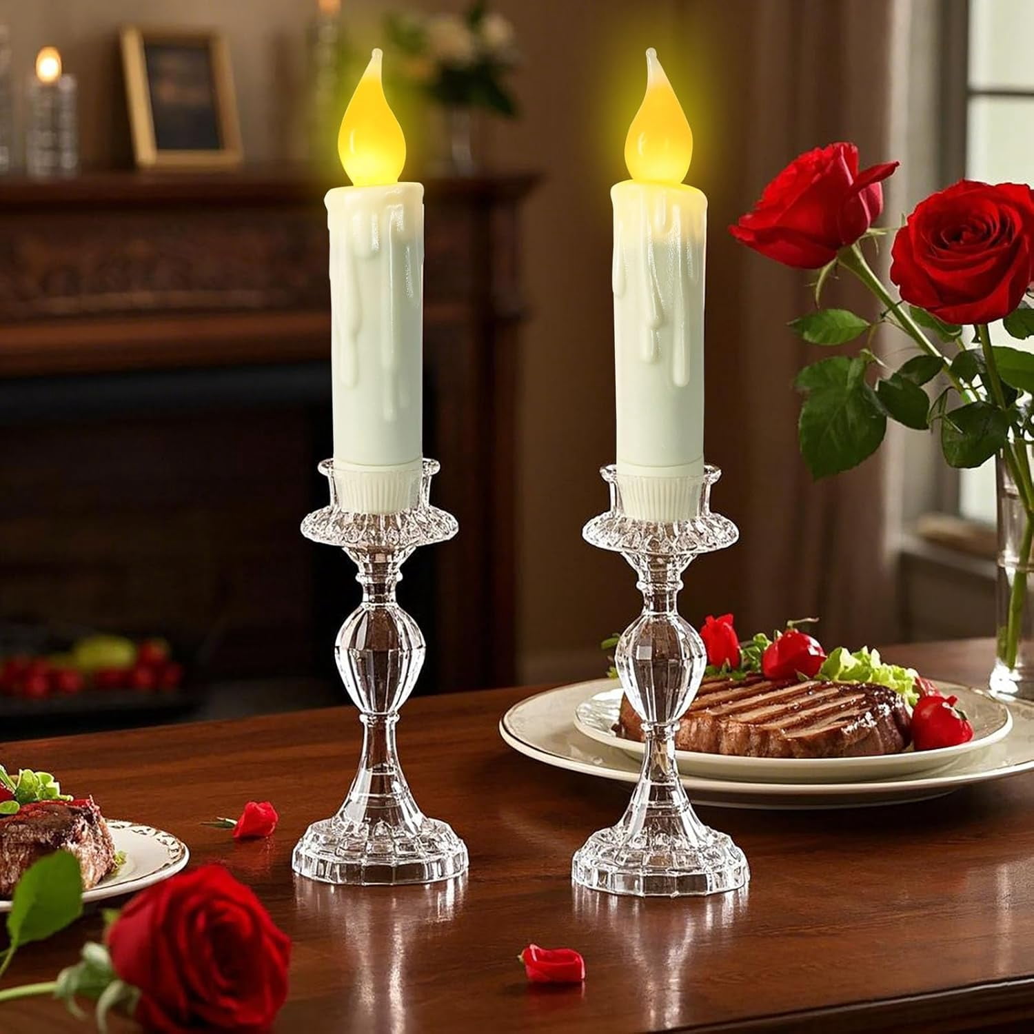 Real Wax Short Flameless Taper Candles with 12 self-adhesive hooks,LED Taper Candles Flickering Flameless Candlesticks Country Primitive Christmas Halloween Decorations,Set of 12 PCS
