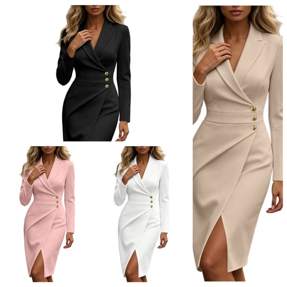 Nmnitkp Women Suitsuit Dress Lapel V Neck Long Sleeve Blazer Midi Dress Solid Wrap Slit Bodycon Office Dress for Business Work Wedding Guest Cocktail & Formal Occasions Black,S