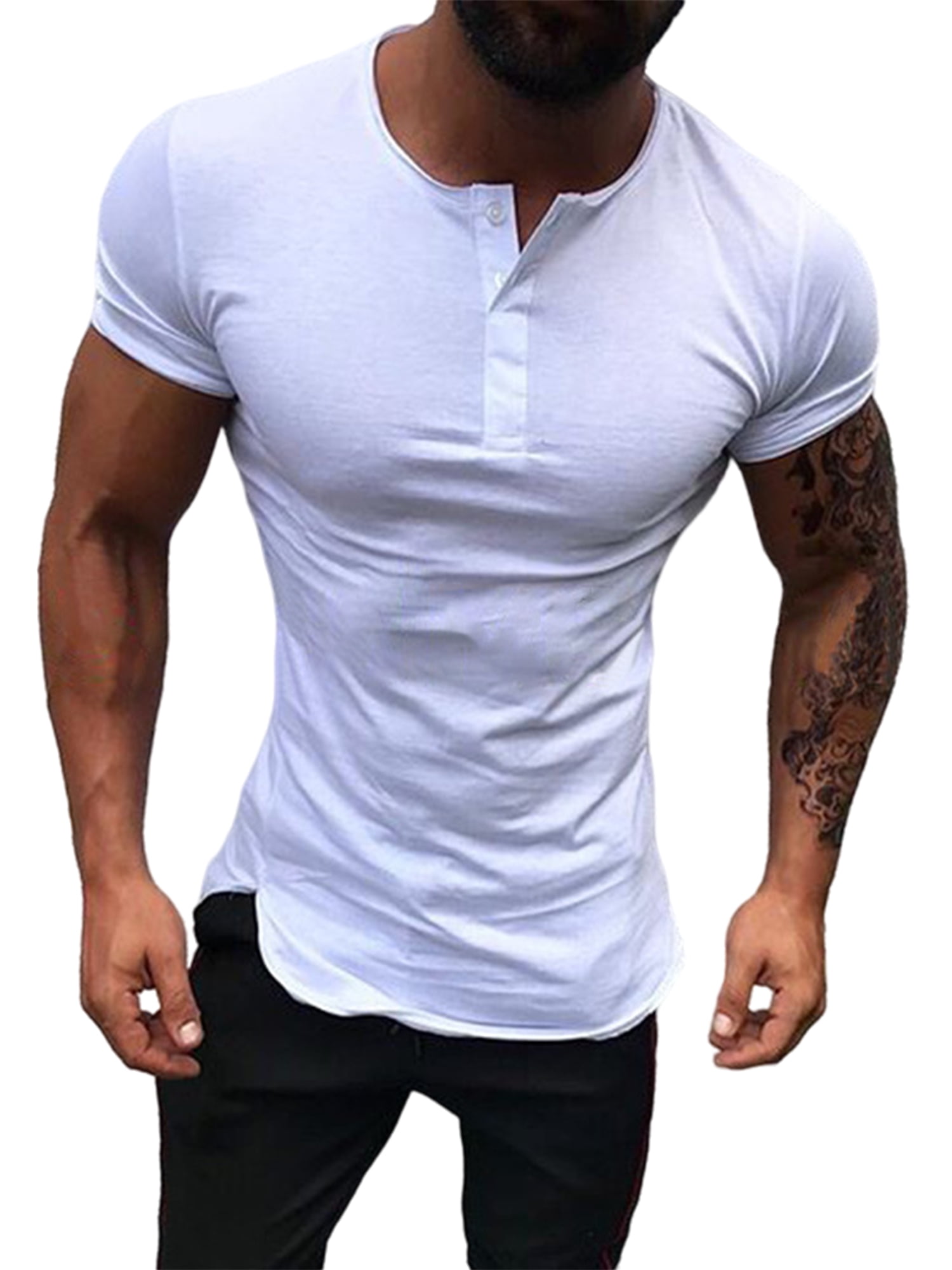 Muscle Alive Men Summer Casual Short Sleeve Henleys T-Shirt Single Button Placket Plain v Neck Shirts Cotton 