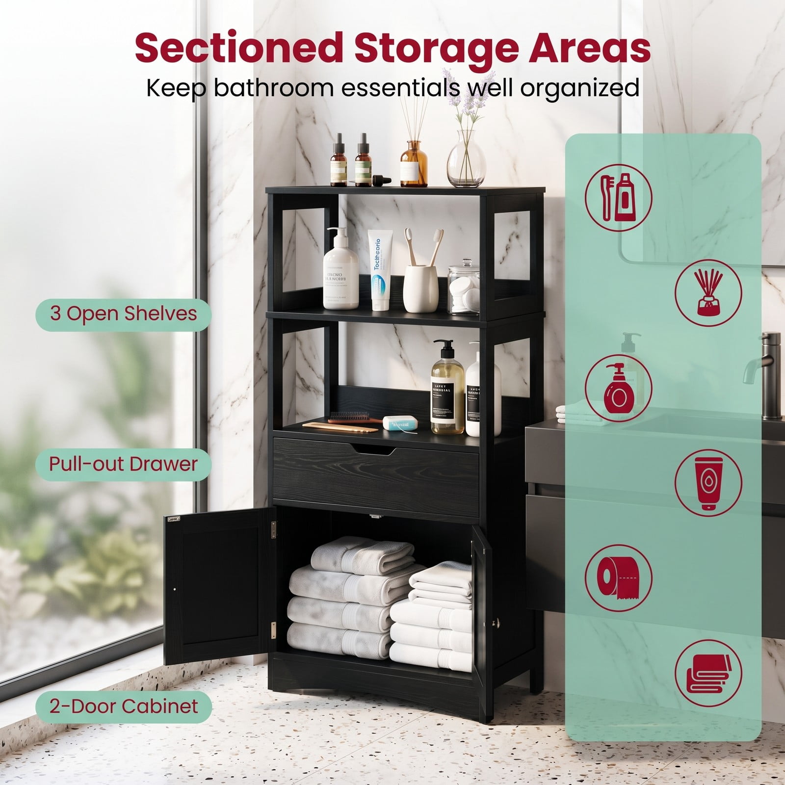 ALPULON Bathroom Storage Cabinet with Drawer and Shelf, Freestanding Floor Cabinet, Waterproof MDF Organizer for Bathroom Bedroom Entryway Living Room, Anti-Tip, Black