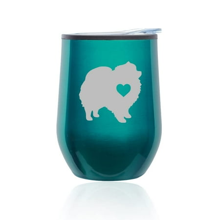

Stemless Wine Tumbler Coffee Travel Mug Glass with Lid Cute Pomeranian With Heart (Turquoise Teal)