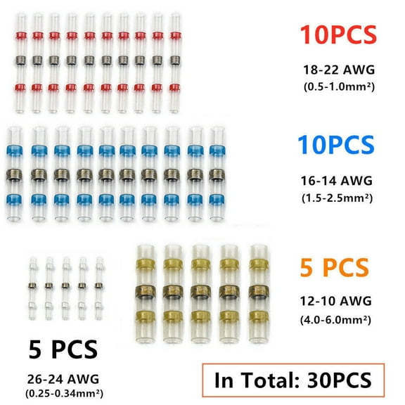 30Pcs Heat Shrink Wire Butt Connectors 26-10 Gauge Solder Seal Sleeve Terminals