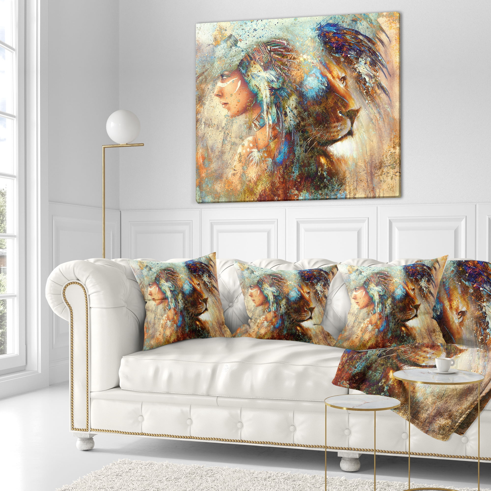 Designart Indian Woman Collage with Lion - Indian Throw Pillow - 18x18