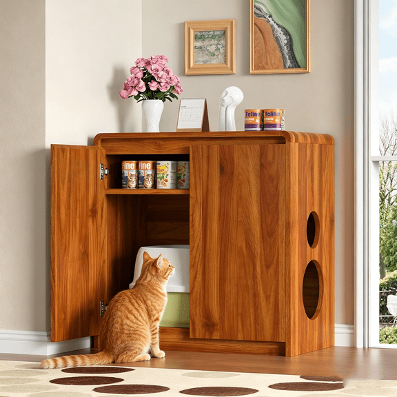 Timagebreze Hidden Cat Litter Box Furniture with Safe Rounded Edges, Adjustable Shelf & Odor Control for Bedroom & Hallway
