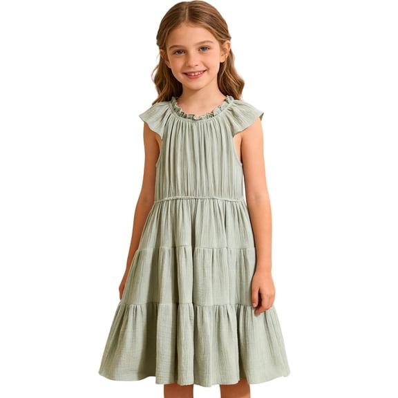 WhouRiu Girls Summer Sleeveless Dress Solid Color Crew Neck Ruffle Flowy Party Dresses Kids Casual Comfortable Cute Everyday Sundress,5-6 Years