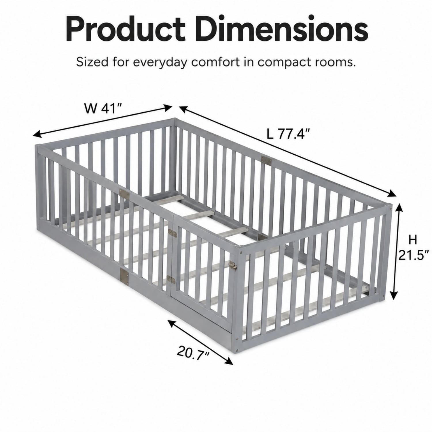 Miniyam Wooden Twin Size Floor Bed for Kids with Door, High Safety Fence, Gray