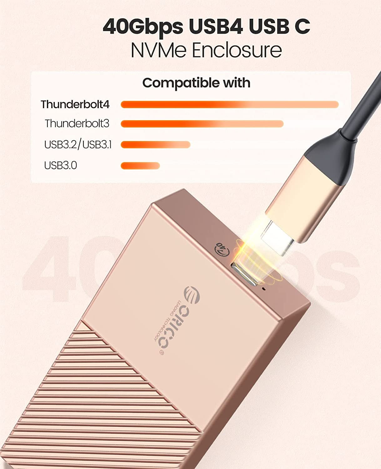 ORICO M.2 NVME SSD Enclosure 40Gbps PCIe3.0x4 USB Type-C Aluminum Adapter, NVME 2280 M-Key(B+M Key) External Solid State Drive Case,Compatible with Thunderbolt 3/4 USB3.2/3.1/Type C-Golden(No Drive)