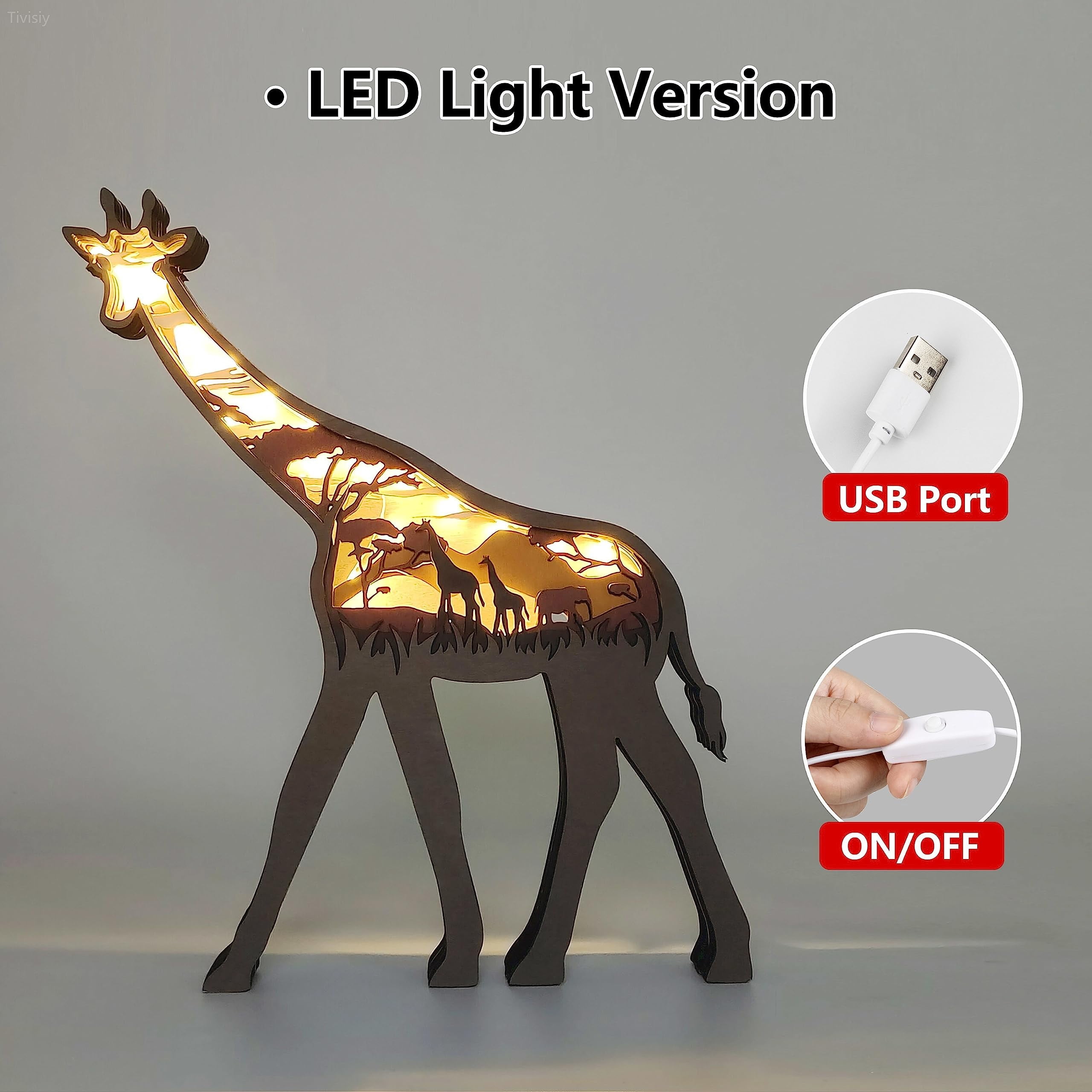 3D Wooden Animals Carving LED Night Light, Wood Carved Lamp Modern Festival Decoration Home Decor Desktop Desk (Giraffe)
