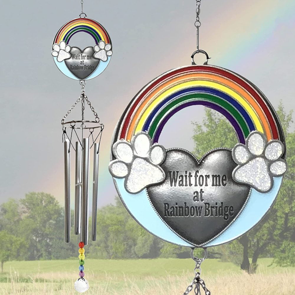 BANBERRY DESIGNS Rainbow Bridge Pet Memorial Windchimes - Wait for Me at  Rainbow Bridge Sentiment for Dogs or Cats - Paw Prints Rainbows Blue Sky 