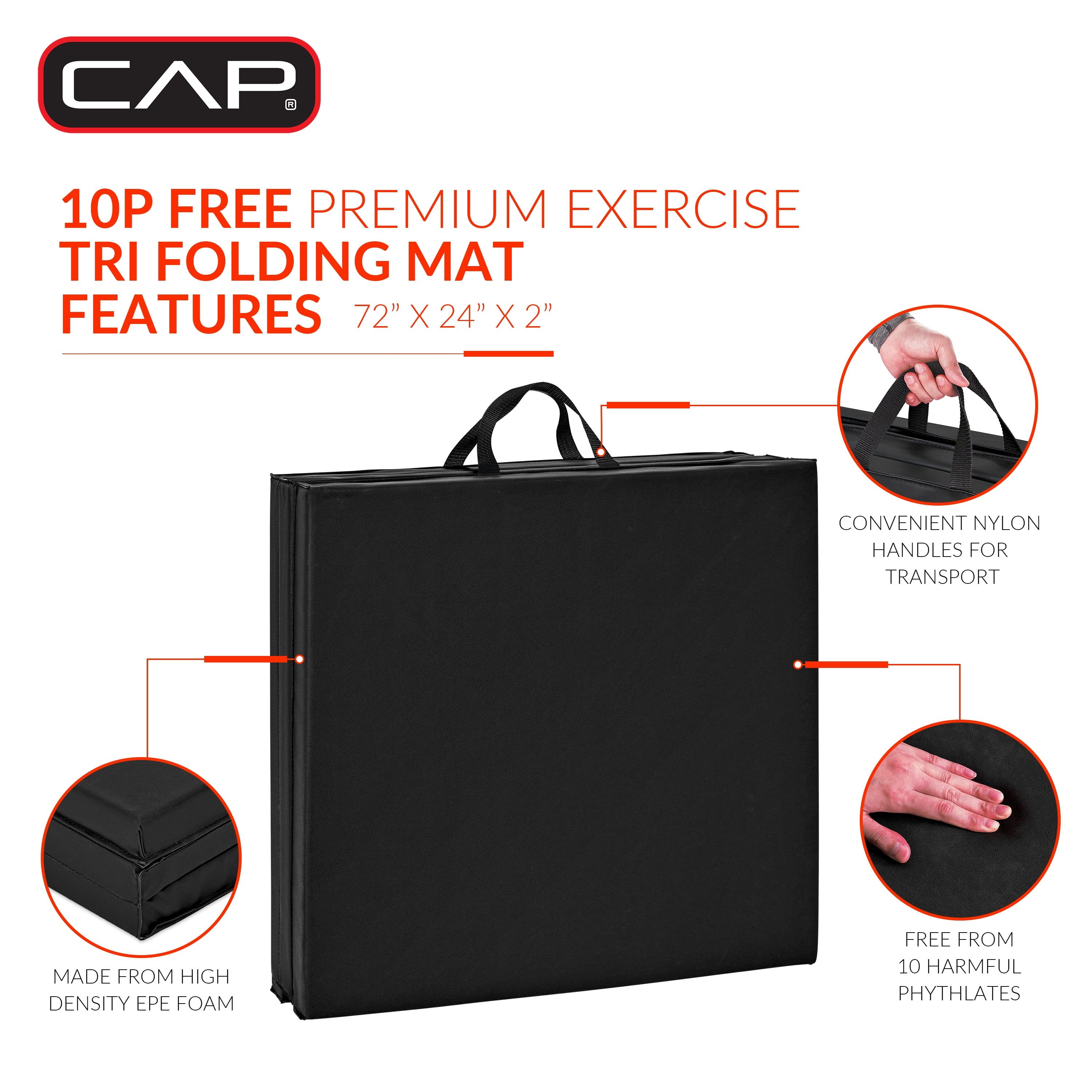 CAP All Purpose Folding Anti Tear Exercise Training Aerobic Fitness Gym & Balance Mat. 72"L x 24"W x 2" Thick, Black