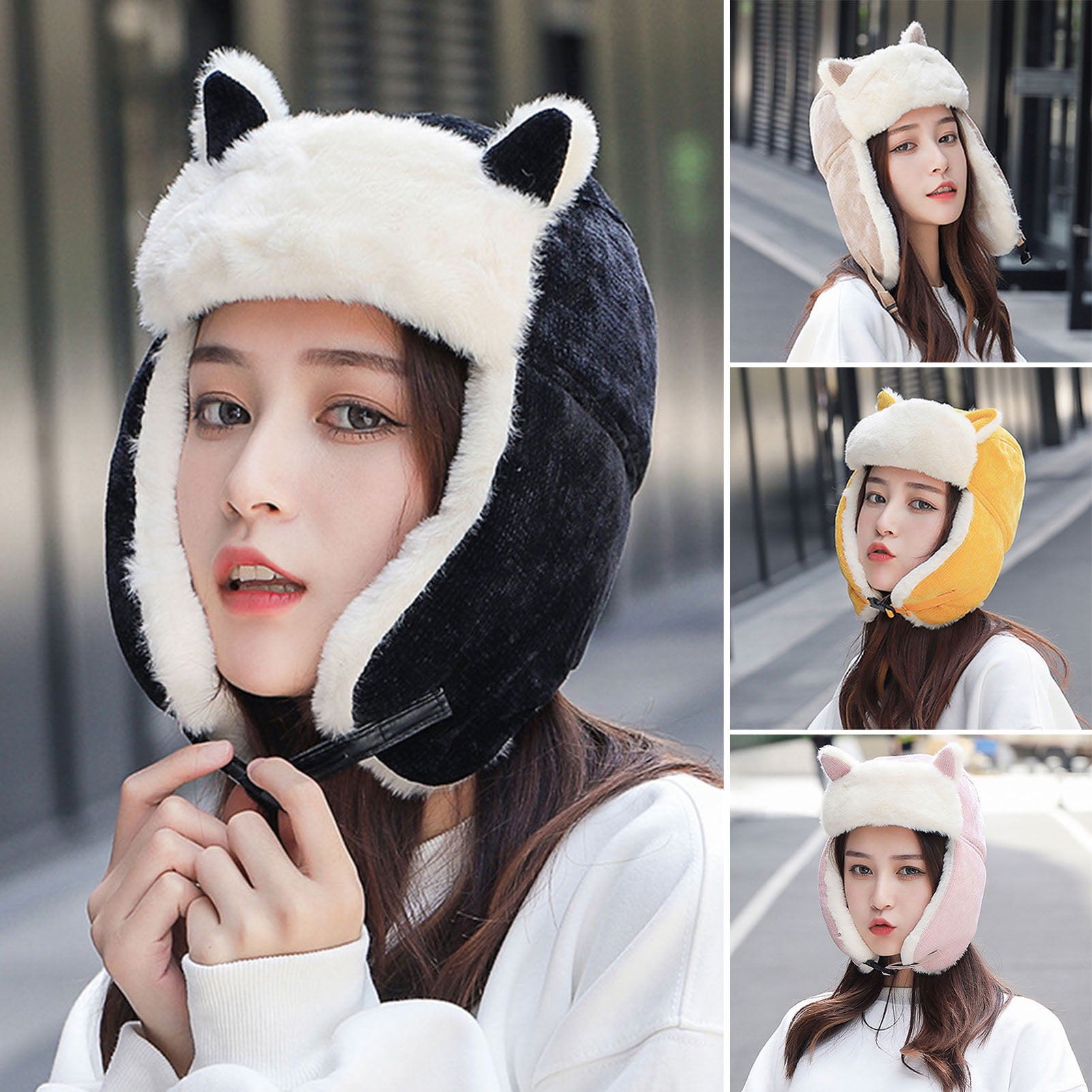 Womens Black Fox Fur Trapper Hat with Pom Poms