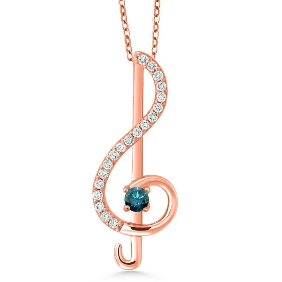 Gem Stone King Keren Hanan Inspired by Music 18K Rose Gold Plated Silver Treble Clef Pendant with Chain Round Blue Diamond and Moissanite (0.29 Cttw)