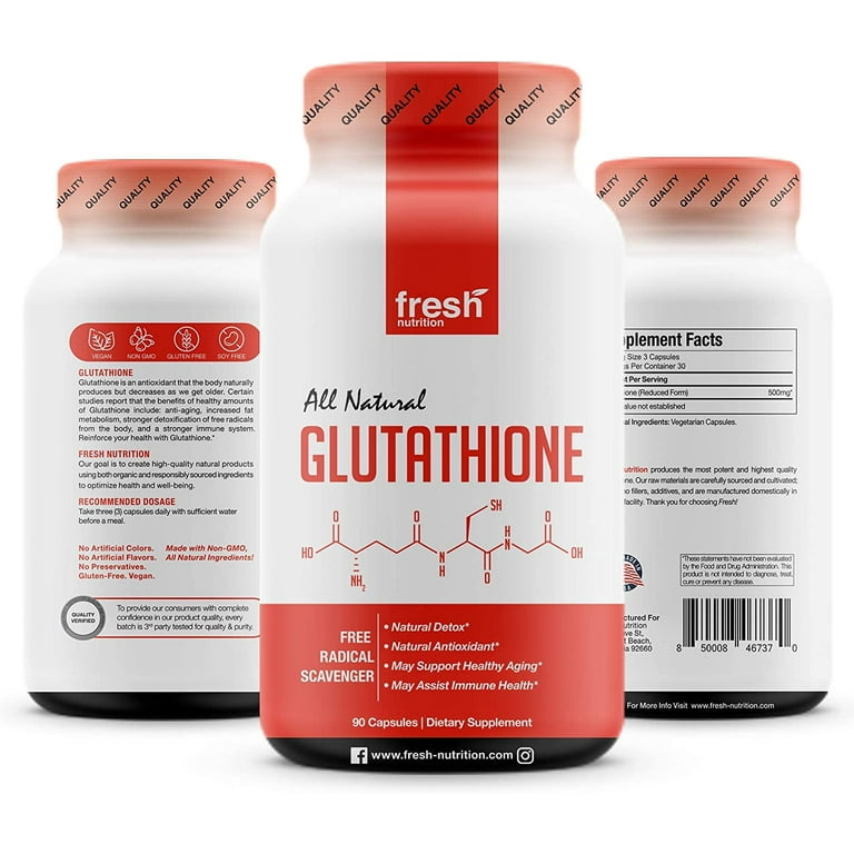 Fresh Nutrition Glutathione Supplement, 500mg Reduced Form, Vegan, DNA  Verified, 90 Capsules