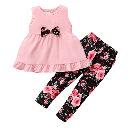

Mikrdoo Baby Girls Outfits Spring Bow Sleeveless Fall Floral Pants 2PCS Clothes Set Pink 18-24 Months