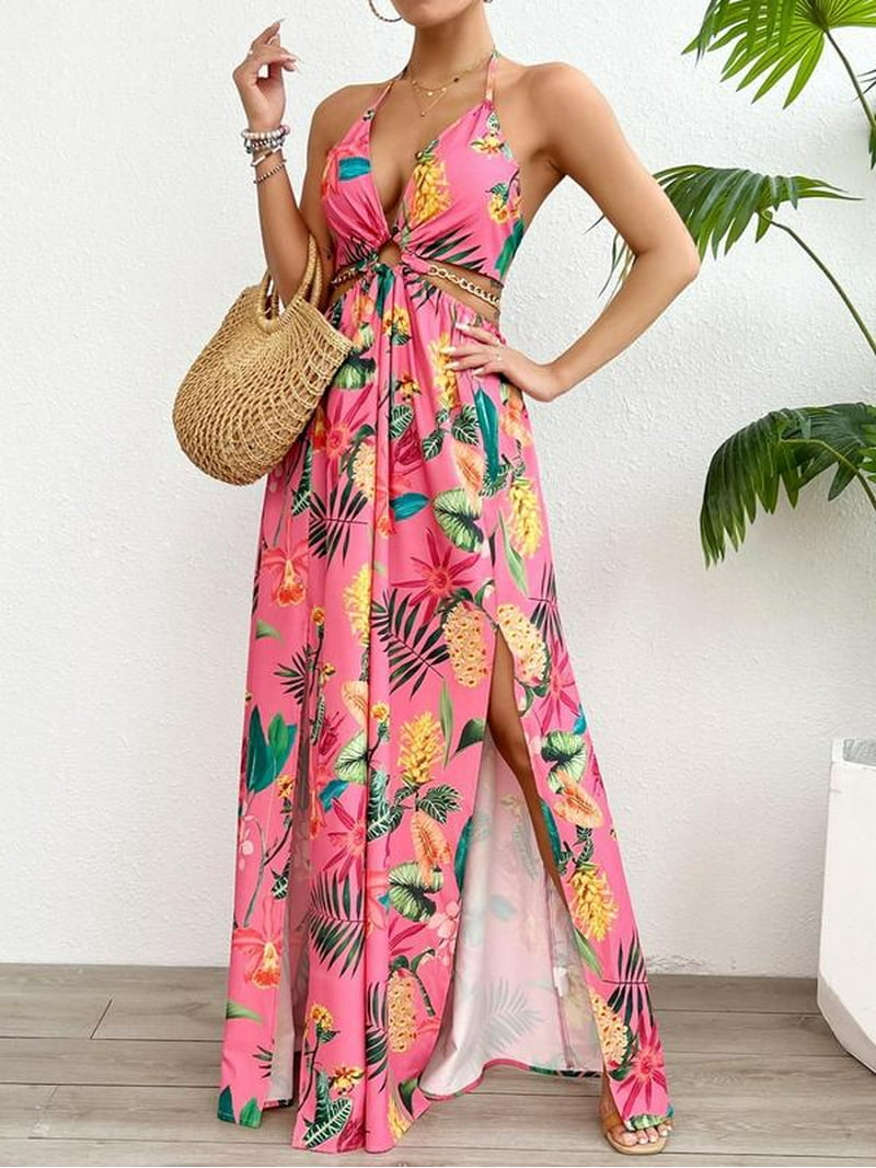 Women's Floral Print Chain Decor Split Thigh Tie Back Cami Dress, Casual  Ring Linked Halter Backless Maxi Dress for Beach Holiday Vacation, Dresses  for Women, Ladies Summer Clothes - Walmart.com