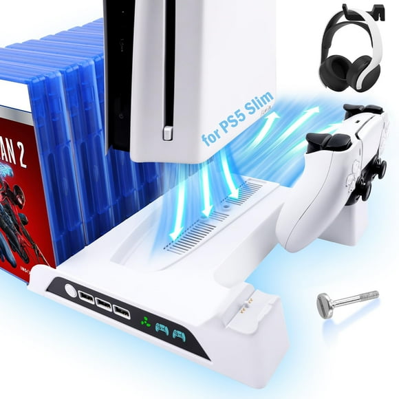 Estación de refrigeración vertical para consolas PS5 y PS5 Slim con carga rápida para dos mandos y ventilador, 3 puertos USB, 14 ranuras para juegos y 2 soportes para auriculares