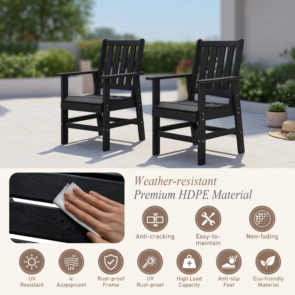 Hommoo 2-Pack HDPE Outdoor Dining Chairs with Wide Armrests, Rustic Wood-Look Patio Seating, All-Weather Durable, Black