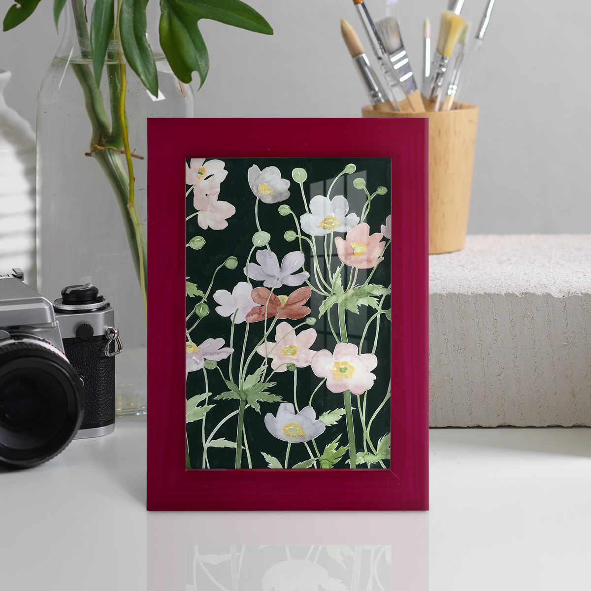 Anemone Dance II -Framed Print w/glass-Cherry Red