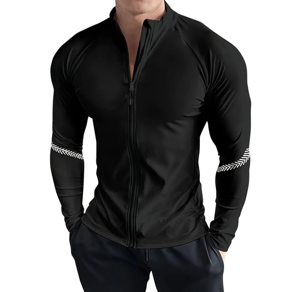 WTOBBY Men's Breathable Stretch Fit Long Sleeve Jacket, Quick Dry Sports Fitness Coat, Lightweight Outdoor Training Wear for Running and Gym,Black L
