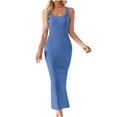 thumbnail image 2 of Women's Knit Dress， Sleeveless Ribbed Bodycon Midi Dress with Square Neck and High Slit， Summer Casual Dress, 2 of 6