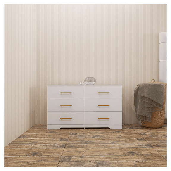 White 6 Drawer Dresser, Large Chest of Drawers with Golden Handles - Bedroom Storage Furniture, Modern Minimalist Style White   5 Drawers & Above