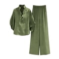 thumbnail image 6 of Tqyyweavej Two Piece Sets for Women Henley Button Long Sleeve Tops and Straight Leg Pants with Pockets Linen Sets for Women 2 Piece, 6 of 10