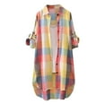 thumbnail image 2 of Delliss Women's Lapel Baggy Stylish Plaid Thin Curved Hem Blouse Casual Jacket Rolled Long Sleeve Long Cardigan, 2 of 3