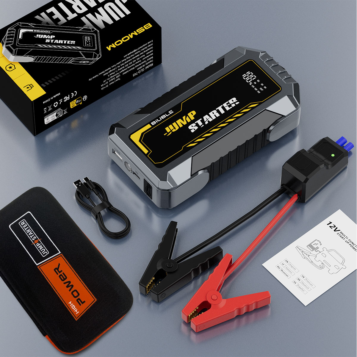 BSMOOM 3000A Car Jump Starter, 12V Car Battery Jump Starter 16800mAh (6.5L Gas/8.0L Diesel Engine), Portable Jump Box with LCD Display, 3 Modes LED Light, Window Hammer, Case, Jumper Cable