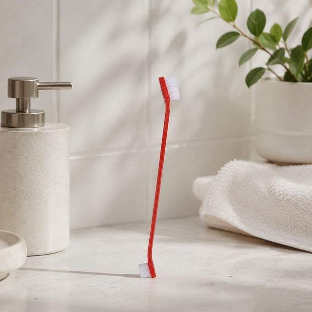 Cepillo de dientes para mascotas, cepillo de dientes para perros, cómodo, antideslizante, ergonómico, portátil, doble cabezal, fácil de limpiar para cachorros y mascotas pequeñas. Rojo