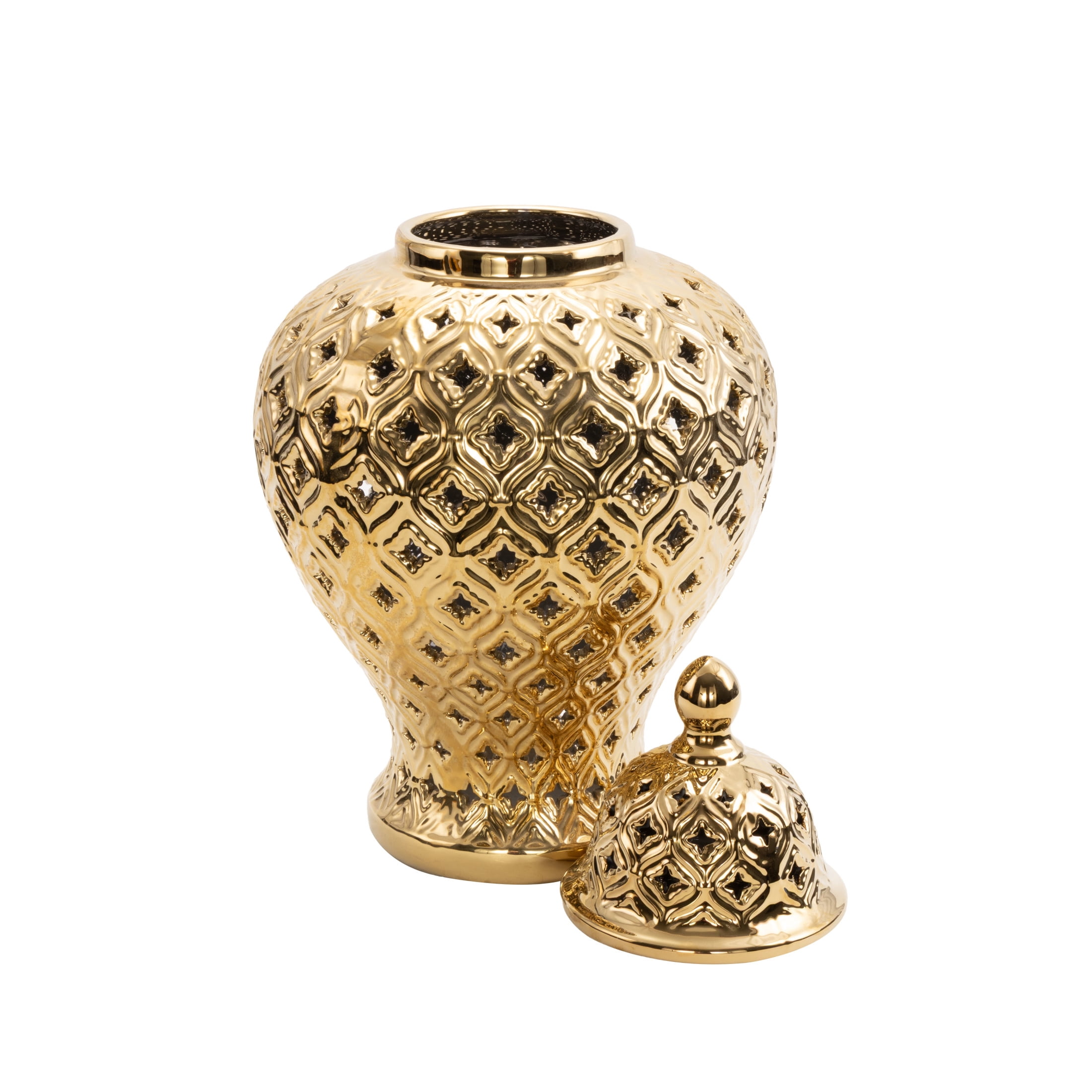 DecMode 10" x 18" Gold Ceramic Decorative Jars with Geometric Cutout Design and Lid, 1-Piece