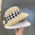 thumbnail image 3 of Sombrero de paja estilo Hepburn para mujer, sombrero de paja estilo Hepburn, Vintage, elegante, a cuadros, con diseño de lado ancho, protección UV, flexible, para vacaciones en la playa, 3 of 4